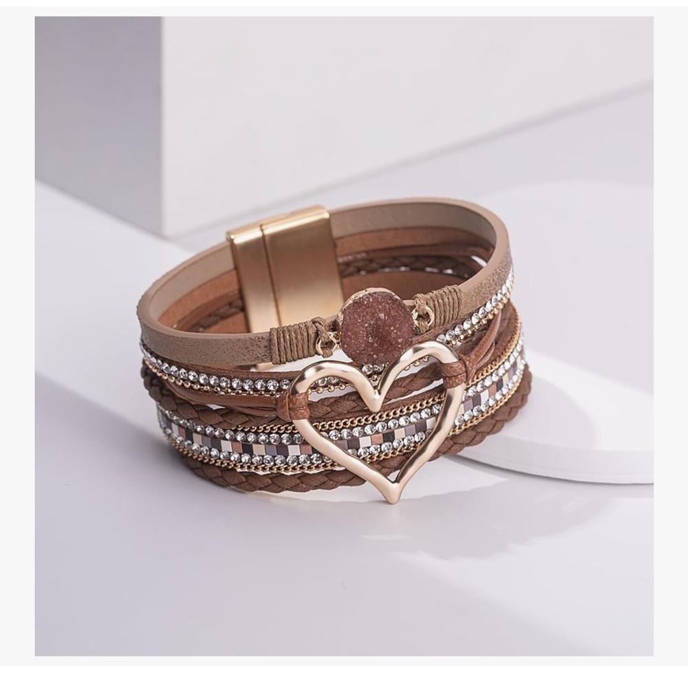 Heart Leather Wrap Bracelets Stackable Boho Cuff … - image 4